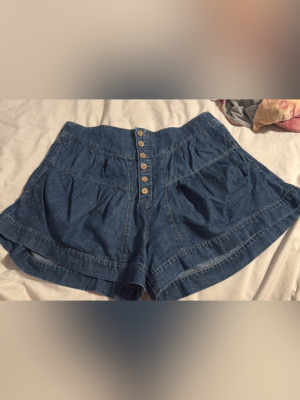 Free People Button-Front High-Waist Denim Shorts - Blue
